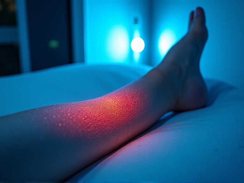 A close-up of a person’s leg with visible inflammation, next to a cryotherapy chamber. The chamber emits a cold mist, and the person appears relaxed, suggesting relief from pain. The image highlights the contrast between the inflamed area and the calming effect of cryotherapy.