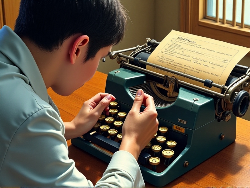 A person inspecting a vintage typewriter platen with a magnifying glass, focusing on the rubber surface for cracks and wear. The image features warm lighting, emphasizing the intricate details of the platen and the careful, methodical approach to the inspection process.