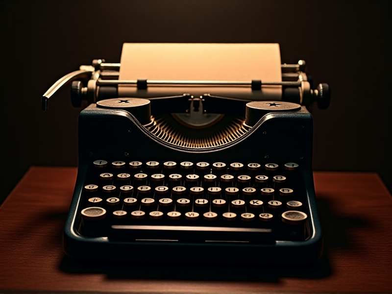 A vintage typewriter with black keycaps and white lettering, set against a dark wooden desk. The keys are illuminated by soft, warm light, highlighting the sharp contrast between the black and white. The image evokes a sense of timeless elegance.