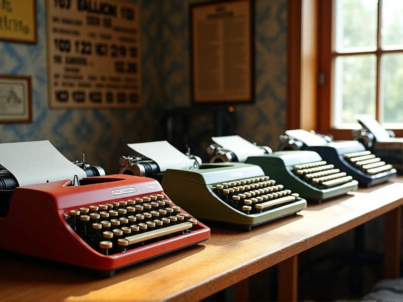 A collection of vintage typewriters from different decades, showcasing a range of keycap colors from soft pastels to vibrant primaries. Each typewriter is placed on a wooden table, with natural light streaming in from a nearby window, emphasizing the diversity of designs.