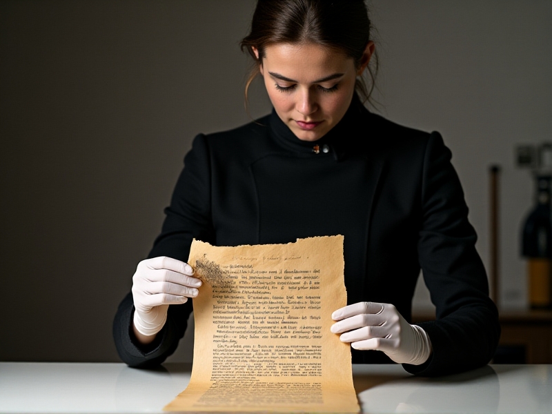 A conservator wearing white gloves gently brushes dust off an aged typewritten document. The document is placed on a clean, white surface with soft lighting. The conservator’s tools, including a soft brush and compressed air canister, are neatly arranged nearby.