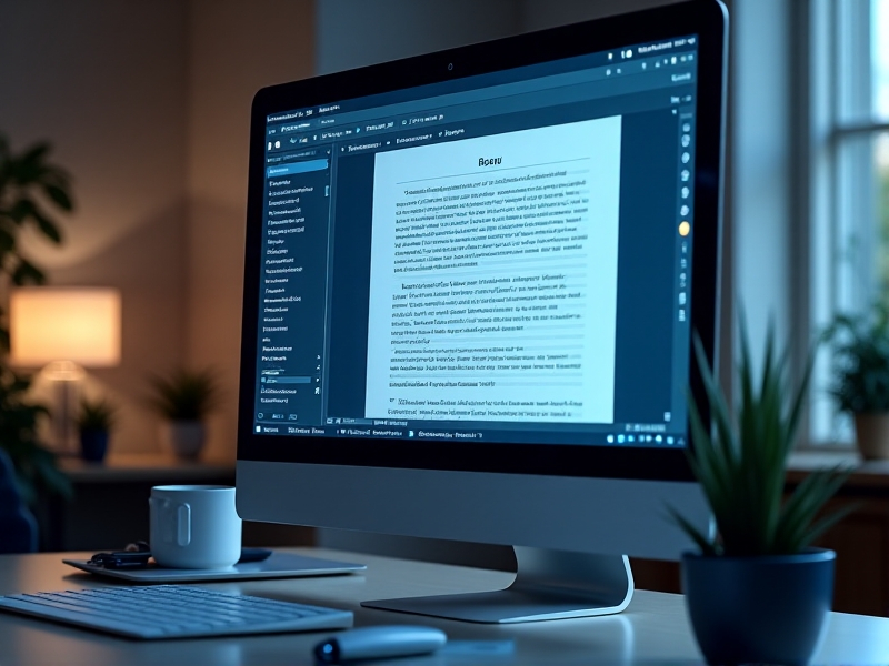 A close-up of a computer screen displaying OCR software in action, with highlighted text being converted from a scanned image, in a modern office setting with soft artificial lighting.