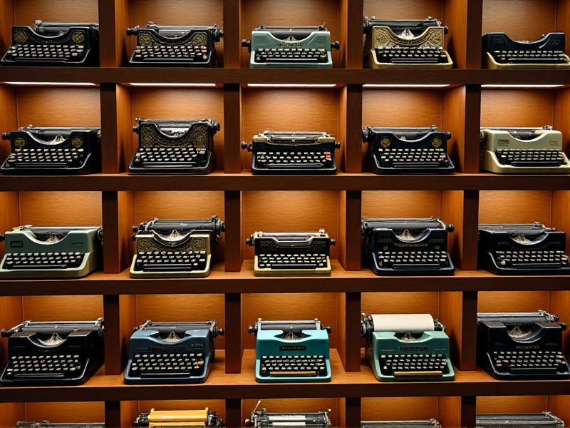 A curated collection of vintage typewriters displayed on shelves, showcasing a variety of brands, colors, and designs. The typewriters range from sleek, minimalist models to ornate, decorative ones, arranged in a visually appealing manner. The warm lighting highlights the intricate details of each machine, creating a sense of history and craftsmanship.