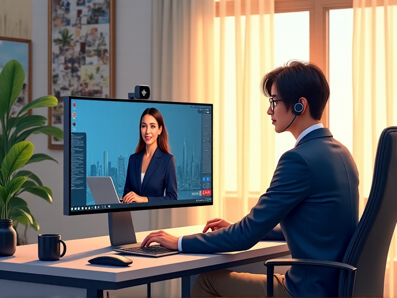 An illustration of a customer service representative assisting a premium repair subscriber via video call on a laptop. The setting is a modern home office with a clean, organized desk, natural lighting, and a focus on technology and communication.
