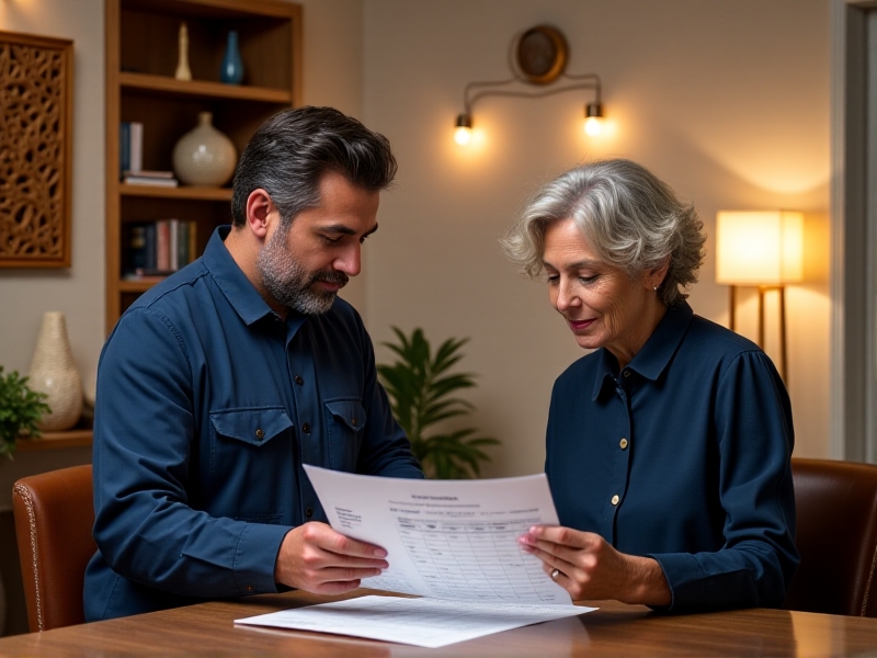 A technician in a uniform reviewing a detailed service estimate with a homeowner in a well-lit home office, with a calendar on the wall showing the scheduled appointment date and time.