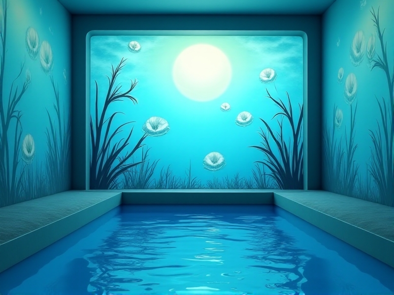A float tank room with soft, flowing blue and green visuals projected onto the walls, creating a tranquil underwater scene that promotes relaxation and sensory relief.