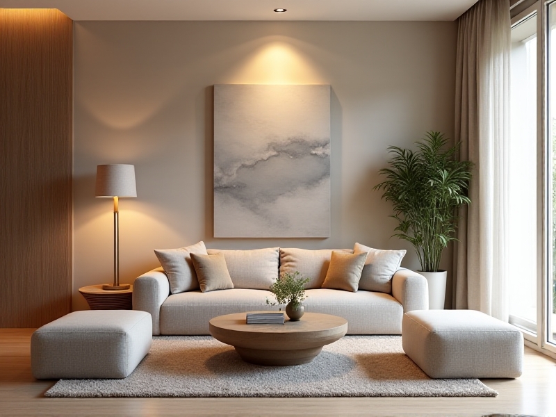 A modern living room with soft, diffused lighting, neutral tones, and minimalist decor. The space features a plush sofa, a soft rug, and a few carefully chosen decorative items, creating a serene and uncluttered environment that promotes relaxation and focus.