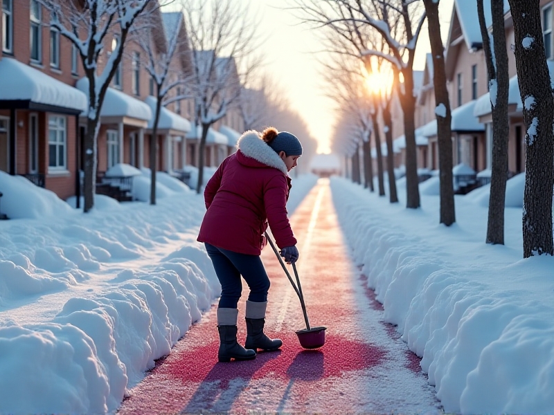 A worker applying a mixture of beet juice and salt to a snowy walkway in a high-traffic center. The scene is set in a suburban area with trees and buildings covered in snow. The image showcases the innovative use of alternative de-icing materials to enhance efficiency and reduce costs.