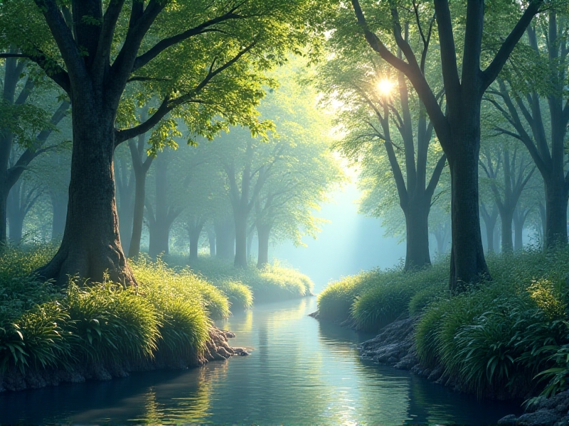 A detailed virtual reality scene of a tranquil forest with tall trees, soft sunlight, and a gentle stream. The environment is rich in detail, with realistic textures, dynamic lighting, and a sense of depth that draws the viewer in.